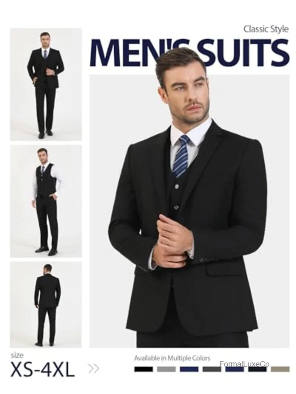 Men's 3 Piece Slim Fit Suit Set - One Button Jacket, Vest & Pants with Tie,